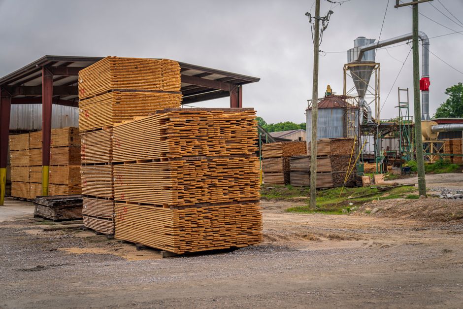 Stacks of lumber at a processing facility