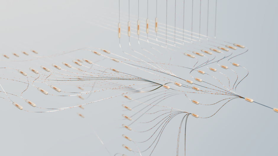 Abstract 3D visualization of a neural network with glowing connections, representing AI and semiconductor technology.