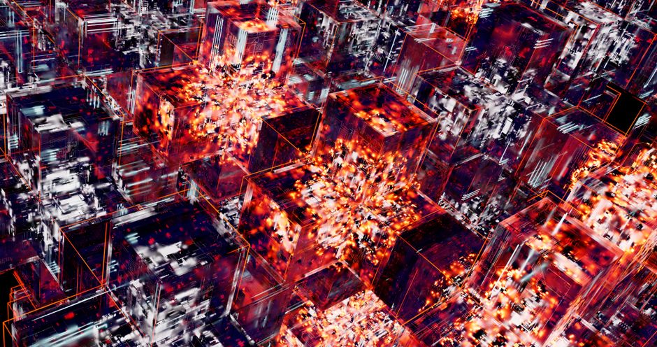 Abstract digital cube network with vibrant LED lighting effects, representing artificial intelligence infrastructure and neural network connections.