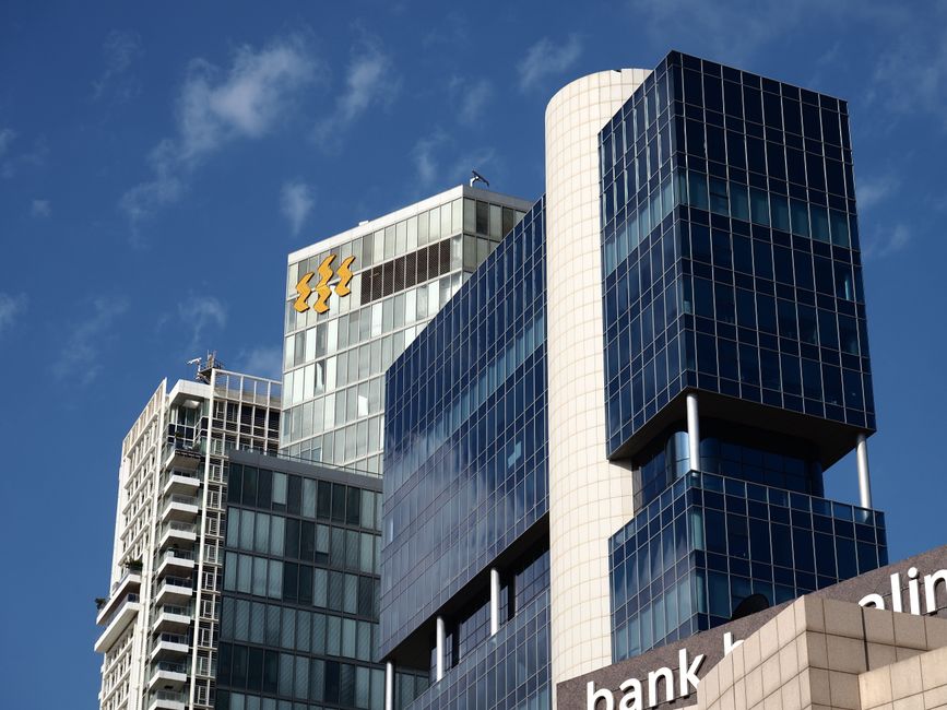 Contemporary skyscrapers with glass facades in a financial district