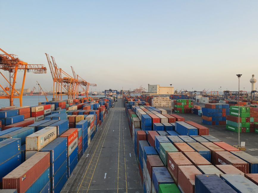 Cargo containers stacked at a port terminal
