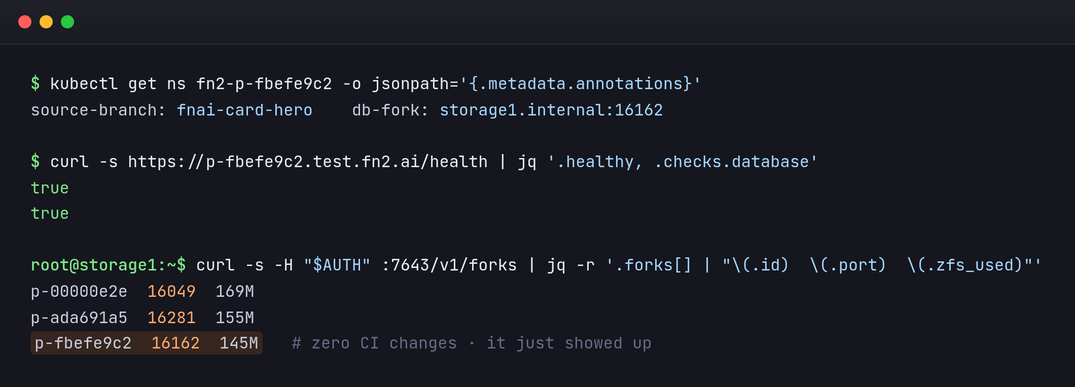 Terminal: a real branch push lands on its own database fork minutes after rollout, with zero CI changes
