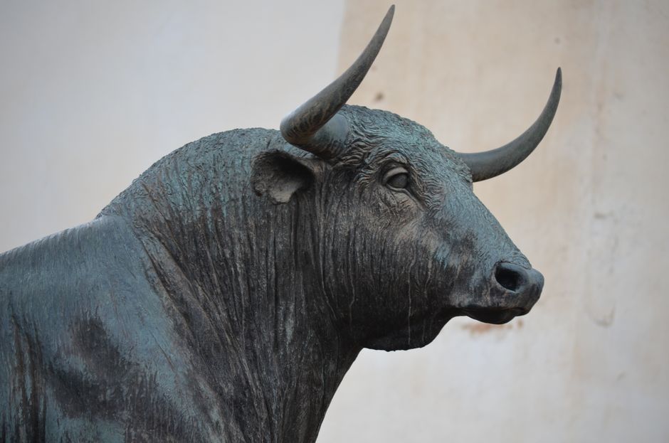 Close-up of a bronze bull statue, symbolizing market strength and investor optimism.