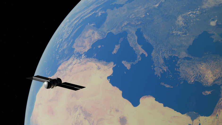 A satellite orbiting Earth over the Mediterranean Sea, showing the curvature of the planet and surrounding continents.