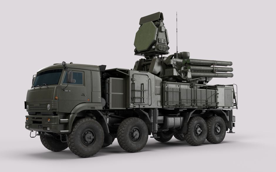 High-resolution image of a military anti-aircraft vehicle in a profile view.