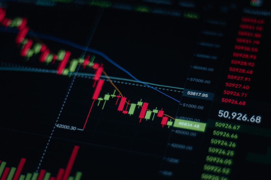 Close-up of a stock market data graph and trend chart displayed on a digital monitor.