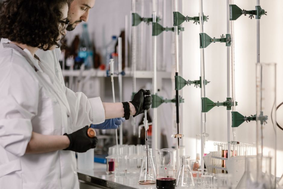 Scientists working with test tubes in a laboratory