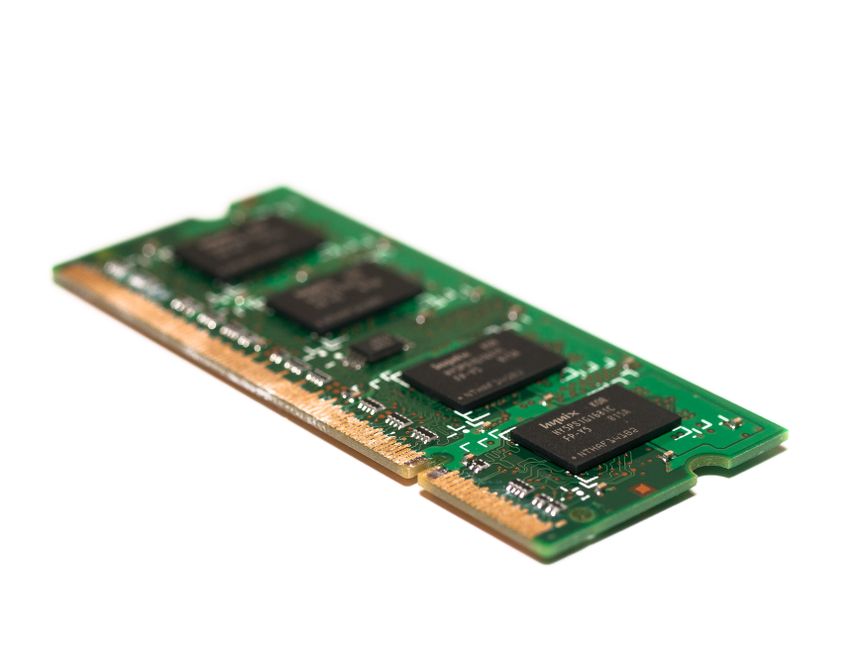 Close-up of a green electronic memory module
