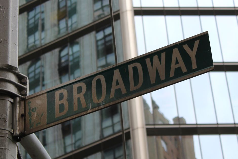 Close-up of the Broadway street sign in New York City's financial district.