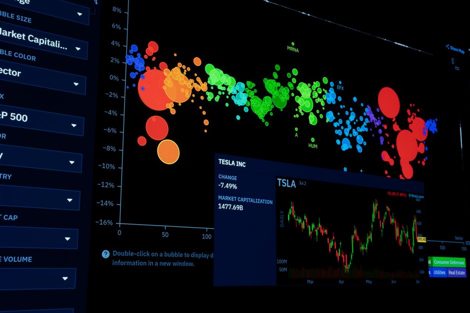 Financial data visualizations show multiple market trends moving across a dark trading display.