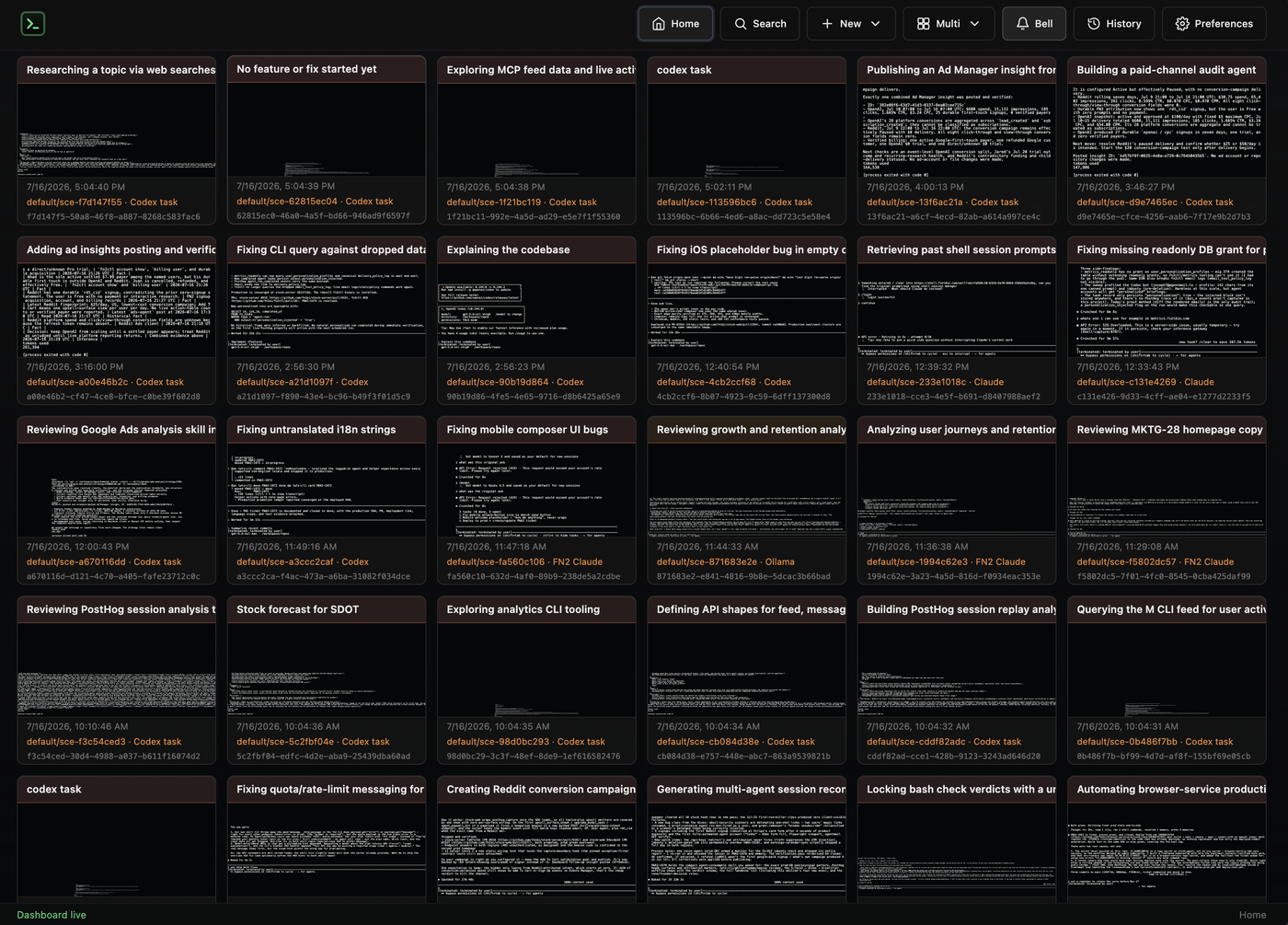 The live agent dashboard: a wall of sessions, each one a terminal working its own branch