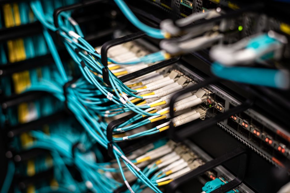 Numerous network cables plugged into a server patch panel in a modern data center