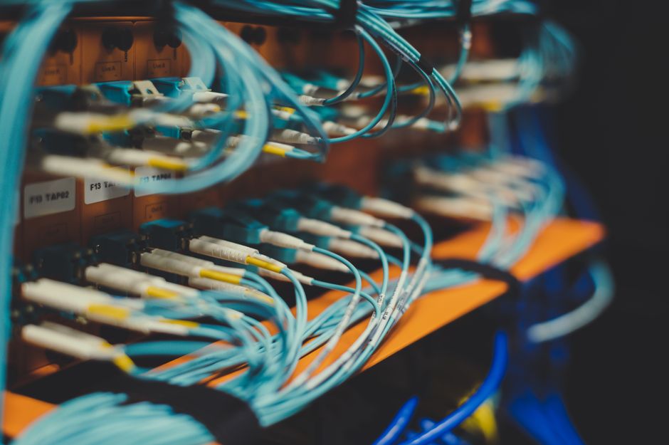 Close-up of network cables and connectors plugged into a server switch, representing data center and computing infrastructure.