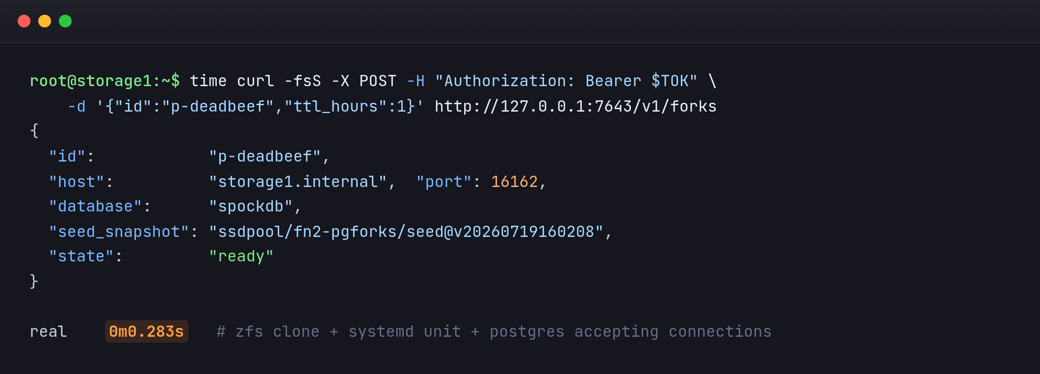 Terminal: a Postgres fork created through the pgfork API, ready in 283 milliseconds