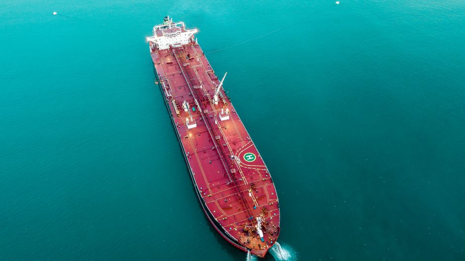 Aerial view of an oil tanker traveling through open water