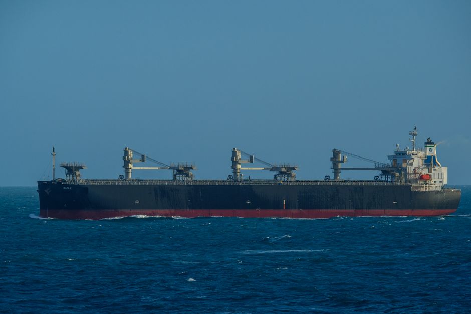 A large cargo ship navigating through calm blue ocean waters under a clear sky.