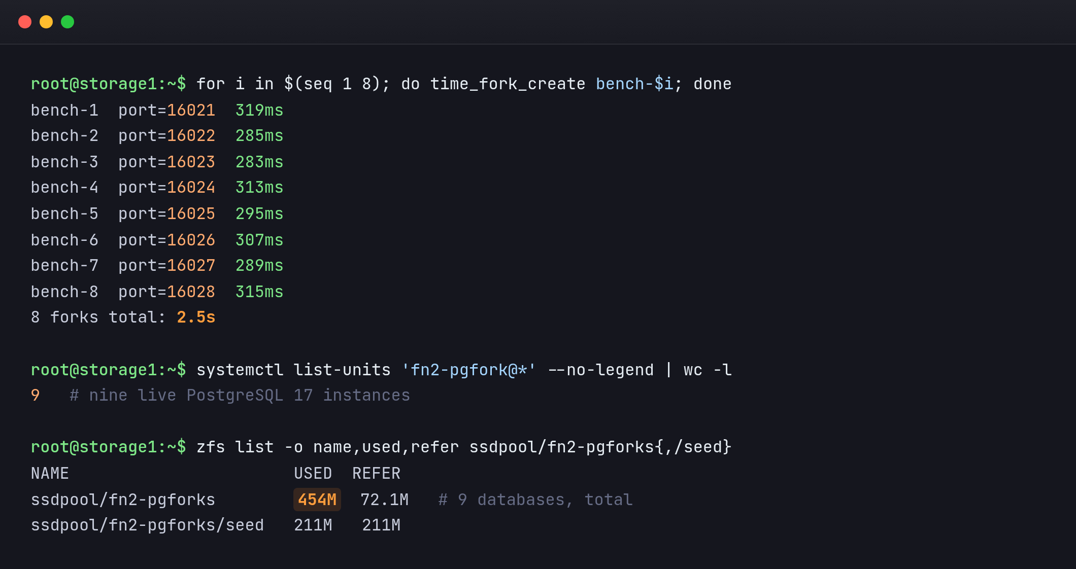 Terminal: eight forks created back to back in 2.5 seconds; nine running databases use 454 MB of disk