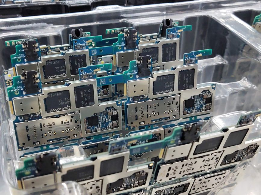 Smartphone circuit boards in a factory production setting