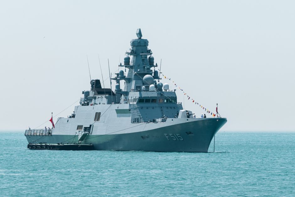 Naval warship cruising on calm sea