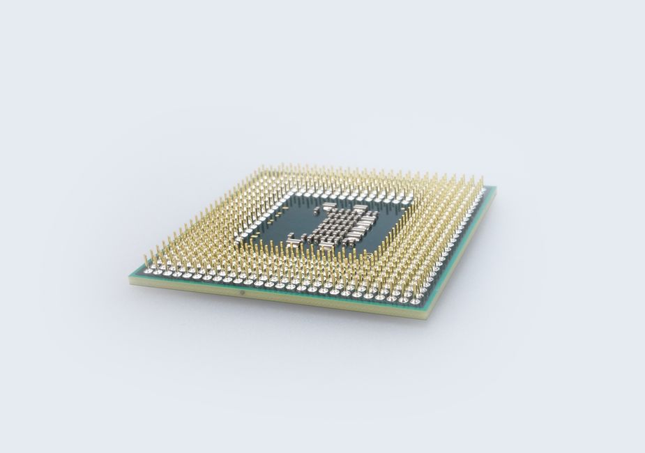 Close-up of a computer processor chip on a circuit board.