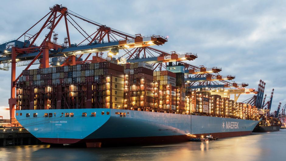 Cargo ship and cranes at a container port represent the shipping disruption affecting global supply chains.